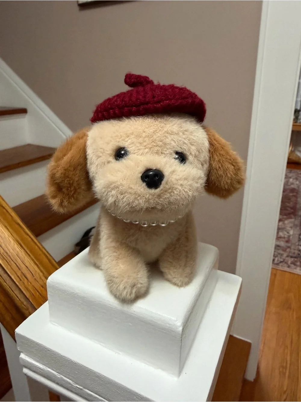 Plush Beige Dog Keychain with Burgundy Beret - Fashion Pet Accessory